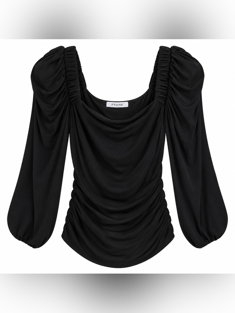 FRAME Women’s L Black Ruched Puff Sleeve Square Neck Modal Stretch Top Blouse